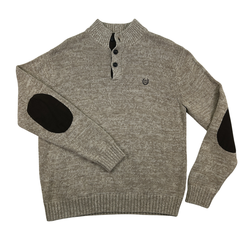 Chaps Sweater Mens Large Henley Mock Neck Beige Knit Elbow Patches Cotton